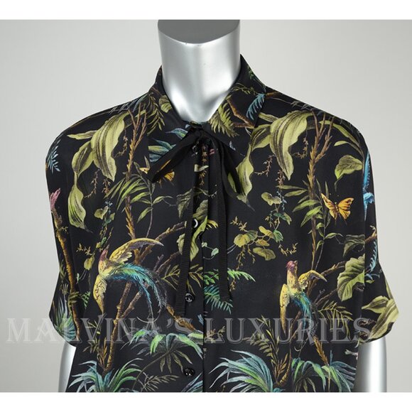 GUCCI SHIRT TROPICAL PRINT SILK CAPE TOP GROSGRAIN TIE BLOUSE sz IT 40 US 4 - Picture 5 of 12